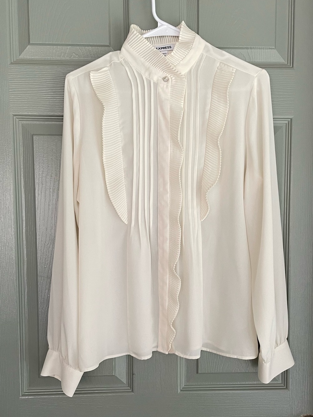 Express Cream Ruffle Pintuck Tuxedo Button-Up Blouse Top Shirt